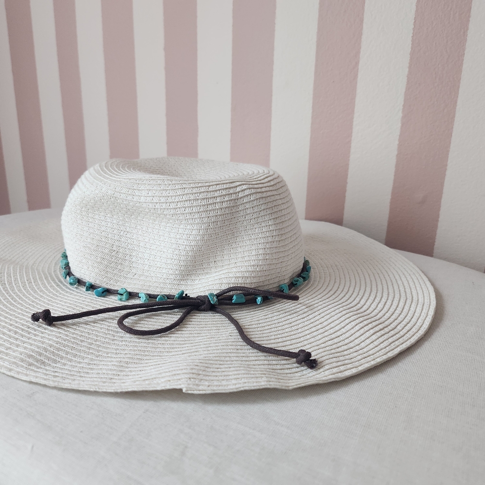 White Sun Hat with Teal Accents - Picture 2 of 7